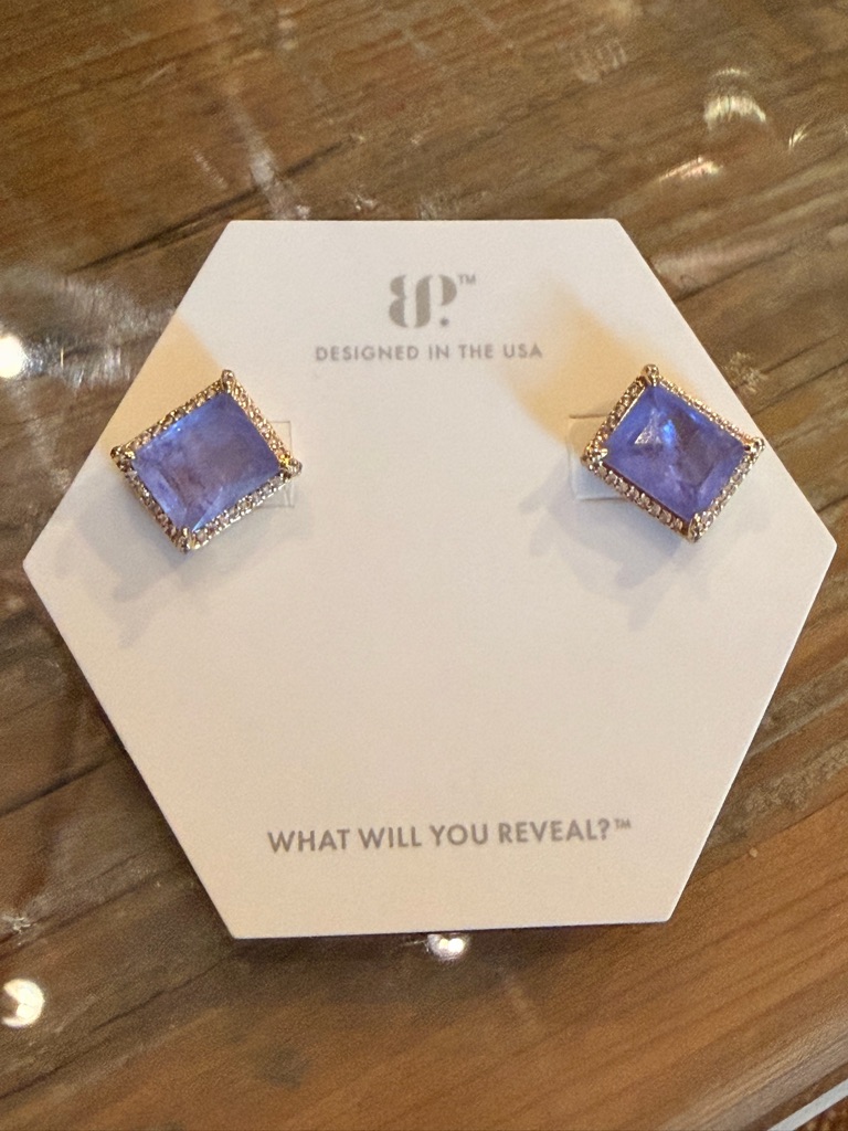 Bomb Party Lavender Square Crystal Stud Earrings In Gold-Tone Setting